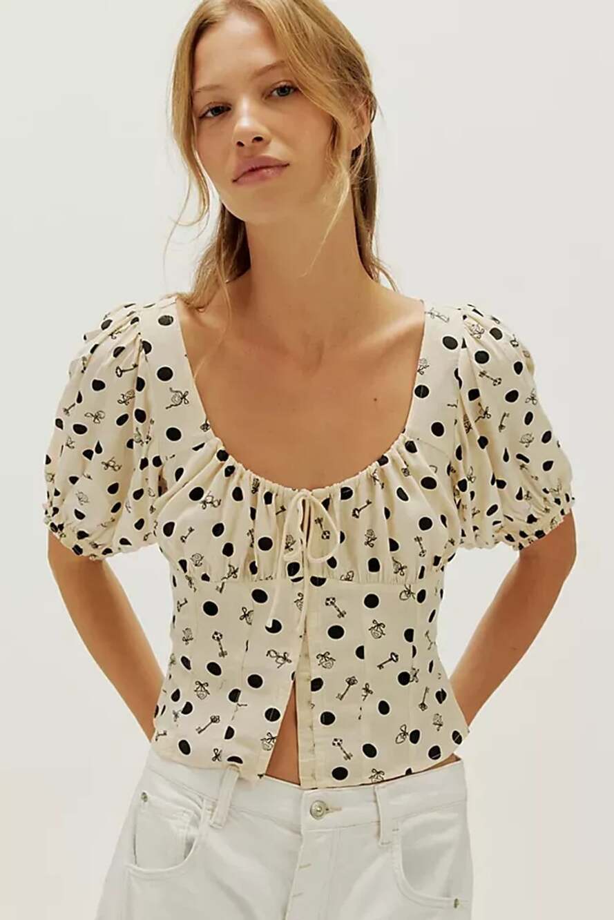 Free People Corset Blouse Size XS Ivory Polka Dot